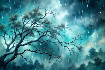 Dramatic Stormy Watercolor Branches in Deep Teal & Charcoal – Wet-in-Wet Blending Effect