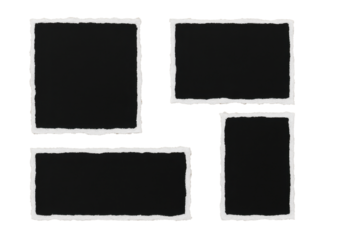 Four black squares with white borders. The squares are torn and ripped