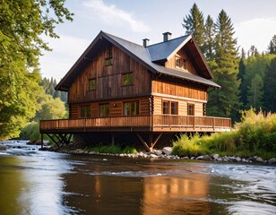 Obraz premium Rustic wooden house by a river