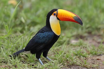 Obraz premium Full body shot of a Toco Toucan posing in a grassy area