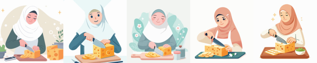 vector of hijab woman slicing cheese