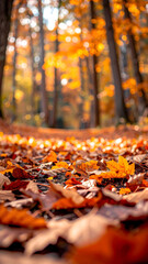 Autumnal Forest Floor: Close-Up View of Fallen Leaves and Bokeh Sunlight