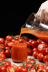 Natural Organic Tomato Juice Poured Into Glass, Farm Tomatoes.