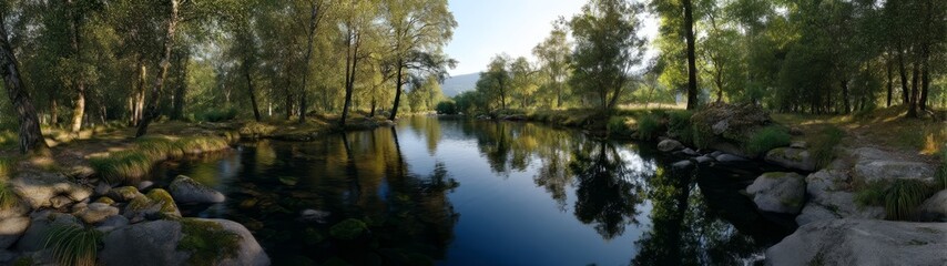 Fototapeta premium Panoramic 360 degrees hdr view of serene river in nature hdri landscape photography