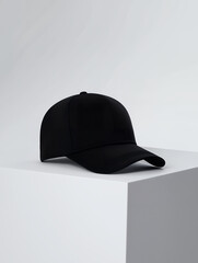 Black Baseball Cap On Minimalist White Display