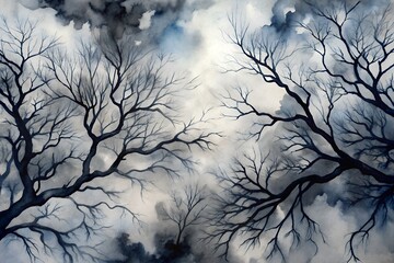Elegant Black-Ink Branches with Diluted Watercolor & Smoky Gray Transitions