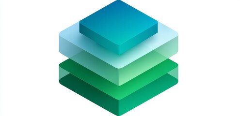 Three stacked transparent blue and green squares with clean lines representing layered depth and data visualization