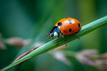 Naklejka premium Macro shot of a ladybug perched on a vibrant green blade of grass