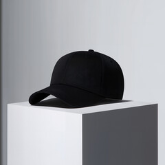 Black Baseball Cap On Minimalist White Display
