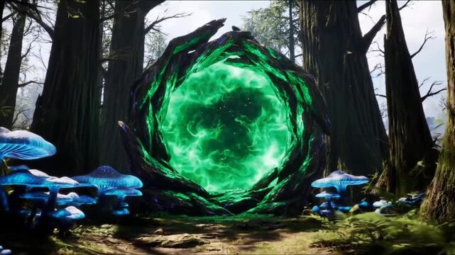 Green magical portal glowing inside mysterious fantasy forest. Fantasy concept