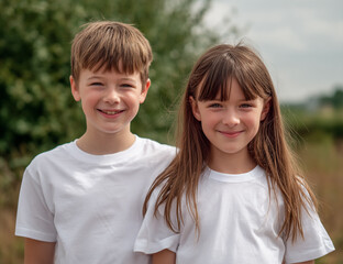 Smiling siblings pose outdoors. Children embrace, wear white t-shirts. Positive, bright. For marketing, social media.