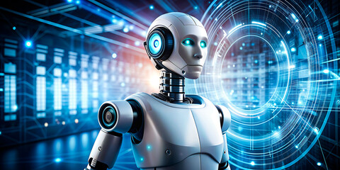 Futuristic Robot with Blue Eyes, Futuristic Spaceship and Light.