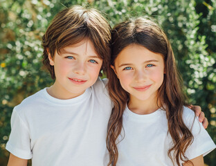 Siblings hug, smile. Boy and girl in tees pose against a green backdrop. Family, lifestyle, friendship concepts. Design, marketing, web use.