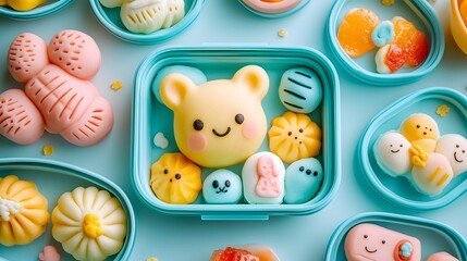 Bento box with adorable and colorful shaped hmallows, offe a delightful and playful treat arrangement on a pastel blue surface for a cheerful snack time.