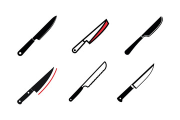 Collection of six stylized kitchen knives with black handles and metal blades