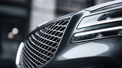 Close up of a shiny car grill with metallic details, showcasing modern automotive design, strength, and elegance for transportation and industrial concepts.