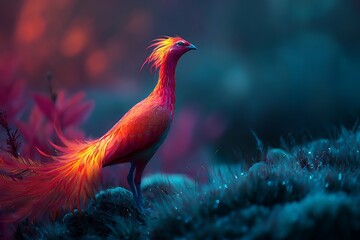 Fototapeta premium Majestic Firebird in a Dark Fantasy Landscape, Radiating Warmth and Beauty