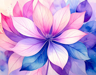 Watercolor flower in soft pastel colors. Symmetrical floral pattern with layered petals in pink, purple, and blue. Gentle texture and creative style. Perfect for backgrounds, greeting cards, prints