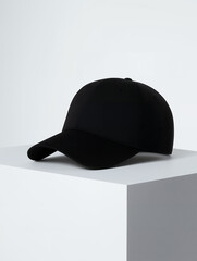 Black Baseball Cap On Minimalist White Display