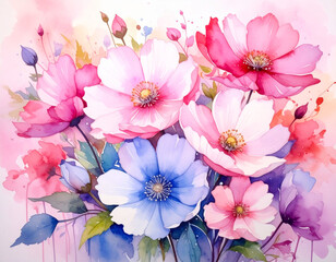 Watercolor flower in soft pastel colors. Symmetrical floral pattern with layered petals in pink, purple, and blue. Gentle texture and creative style. Perfect for backgrounds, greeting cards, prints