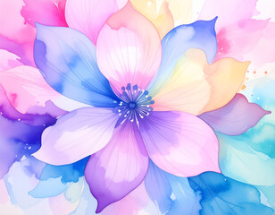 Watercolor flower in soft pastel colors. Symmetrical floral pattern with layered petals in pink, purple, and blue. Gentle texture and creative style. Perfect for backgrounds, greeting cards, prints