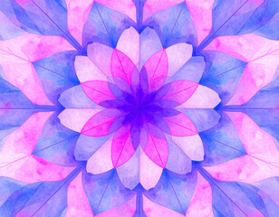 Watercolor flower in soft pastel colors. Symmetrical floral pattern with layered petals in pink, purple, and blue. Gentle texture and creative style. Perfect for backgrounds, greeting cards, prints