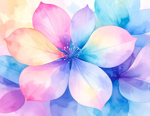 Watercolor flower in soft pastel colors. Symmetrical floral pattern with layered petals in pink, purple, and blue. Gentle texture and creative style. Perfect for backgrounds, greeting cards, prints