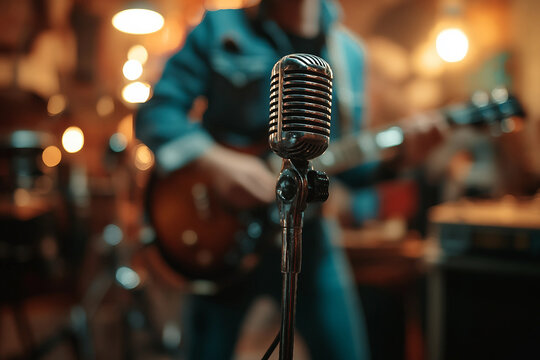 Electric guitarist performing on stage with dramatic lighting during rock concert rehearsal generative ai