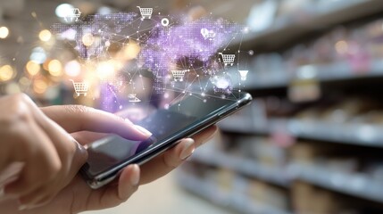 Smartphone in hand, shopping app overlay