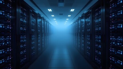Fototapeta premium Futuristic Data Center Hallway: Symmetrical Blue Server Racks with Pulsating LED Lights in Misty Infinite Corridor