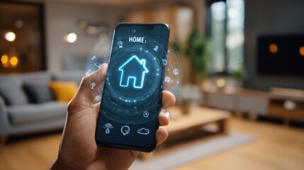 Hand holding phone with smart home interface