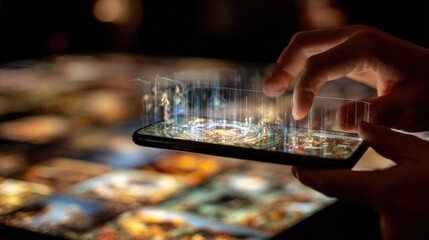 Hand interacting with a smartphone displaying a holographic overlay