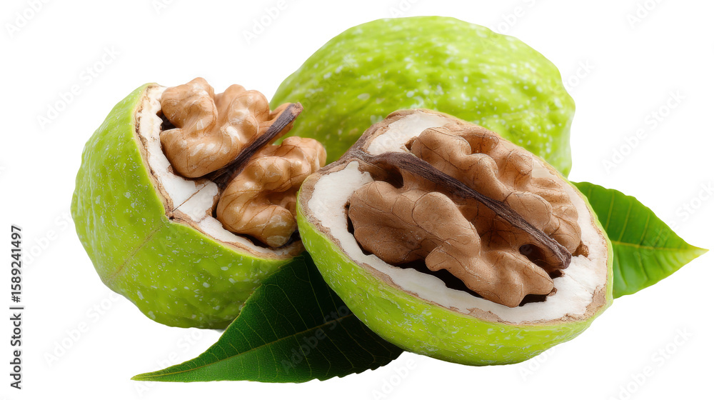 Poster green walnut isolated on transparent background with fresh leaf and shell opened