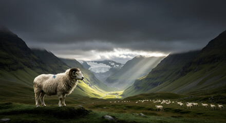Ancient Ram Silhouetted Against Stormy Sky Over Glacial Valley