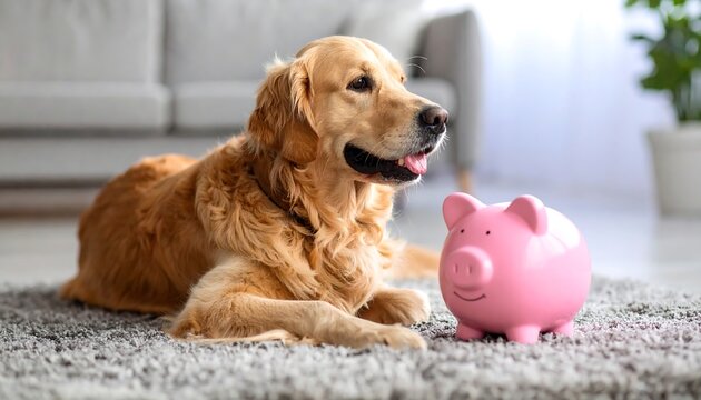 Golden retriever and piggy bank on a carpet