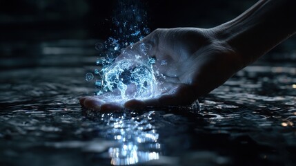 Hand holding a glowing, ethereal Earth over water