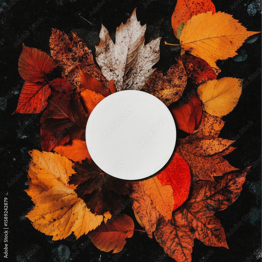 Poster vibrant autumn leaves create a colorful backdrop for empty circle in natural setting