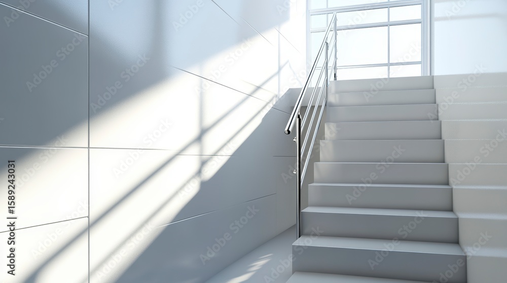 Poster modern minimalist staircase with sunlight streaming through a large window.