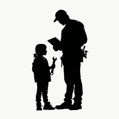 Naklejka premium Dad With Tablet Blueprint And Child With Wrench STEM Fathers Day Vector