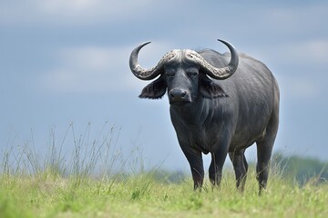 Fototapeta premium A Cape Buffalo standing in a grassy field with a blue sky backdrop