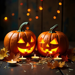 Two glowing jack o lanterns with candles and autumn leaves