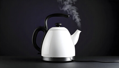 White Electric Kettle with Steam on Dark Background