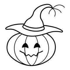 Clean simple line art illustration of a pumpkin with a distinctive curved stem perfect for autumn and halloween designs