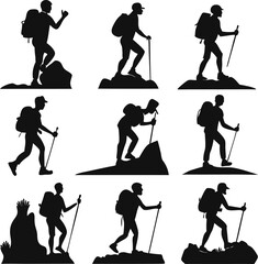 Set of vector black silhouettes of people engaged in sports like skiing and golf, along with illustrations of construction workers and various other active individuals