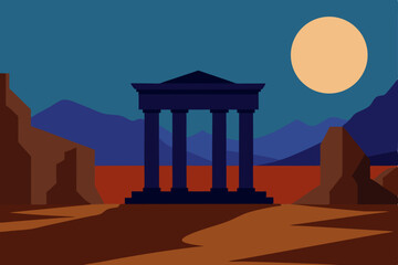 Naklejka premium ancient temple ruins in desert under full moon 