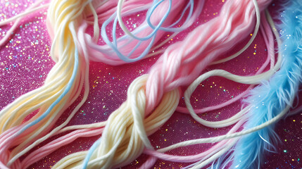 Pastel Pink Yellow Blue Yarn Strings on Pink Glittery Background.