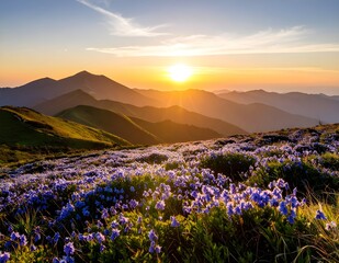 Obraz premium Vast expanses of vibrant blue monkshood flowers blanket the rolling hills at sunrise, with the golden sun cresting over distant mountain peaks, casting a warm glow over the serene landscape.