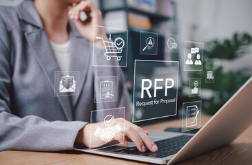 RFP, Request for Proposal. Businessperson using laptop with RFP icons representing procurement process, bidding, communication, evaluation. Modern concept for business procurement and vendor selection