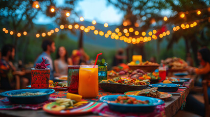 Colorful Table Set with Mexican Food and Drinks