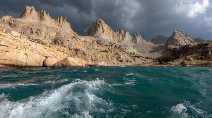 Mountain Peak Landscape Over Lake with Storm Cloud
